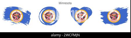 Minnesota handgezeichnetes Flaggenset im Grunge-Stil. US-Bundesbanner in offiziellen Farben. Freier Pinsel, Kontur, Kreis- und Herzform. Flacher Vektor Abb. Stock Vektor