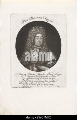 Porträt von Friedrich I. van Pruisen, Pieter Schenk (I), 1690–1713 Druck Friedrich I., König in Preußen und als Friedrich III., Kurfürst von Brandenburg. Von 1688 bis 1701 war er Kurfürst von Brandenburg und bis zu seinem Tod Friedrich I. Koning von Preußen. Amsterdam Gravurgeschirr aus Papier Stockfoto