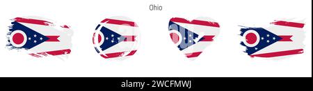 Handgezeichnetes Flaggenset im Stil von Ohio. US-Bundesbanner in offiziellen Farben. Freier Pinsel, Kontur, Kreis- und Herzform. Illustration des flachen Vektors Stock Vektor