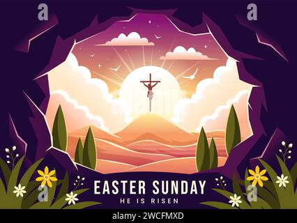 Happy Easter Sunday Vector Illustration von Jesus, Er ist auferstanden und Feier der Auferstehung mit Höhle und dem Kreuz in flachem Zeichentrickhintergrund Stock Vektor