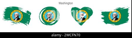 Handgezeichnetes Flaggenset aus Washington im Grunge-Stil. US-Bundesbanner in offiziellen Farben. Freier Pinsel, Kontur, Kreis- und Herzform. Flacher Vektor Stock Vektor