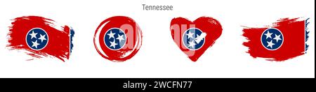 Tennessee handgezeichnetes Flaggenset im Grunge-Stil. US-Bundesbanner in offiziellen Farben. Freier Pinsel, Kontur, Kreis- und Herzform. Flacher Vektor Abb. Stock Vektor