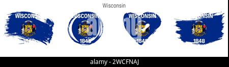 Wisconsin handgezeichnete Flaggensymbole im Grunge-Stil. US-Bundesbanner in offiziellen Farben. Freier Pinsel, Kontur, Kreis- und Herzform. Flacher Vektor Abb. Stock Vektor