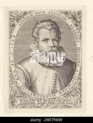 Porträt von Jan Huygen van Linschoten, Theodor de Bry, nach Jean Jacques Boissard, 1669 Druck Porträt des Entdeckers Jan Huygen van Linschoten, in Ovaal mit Randschrift. Ein Lob unter dem Porträt. Frankfurt am Main Papierstich Stockfoto