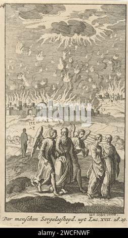 Lot und seine Töchter verlassen das brennende Sodom, Anonym, nach Jan Luyken, 1720 Druckpapier, das die Zerstörung von Sodom und Gomorra graviert: Lot und seine Familie flüchten nach Zoar und tragen ihre Sachen; ein Engel könnte den Weg zeigen (1. Mose 19,24-29) Stockfoto