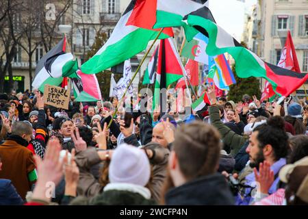 Marseille, Frankreich. Januar 2024. Während des solidaritätsmarsches mit Gaza schwenken Demonstranten palästinensische Flaggen. 2.500 Demonstranten demonstrierten laut Polizei auf den Straßen von Marseille, vom Place d'Aix bis zur Polizeipräfektur, um das palästinensische Volk zu unterstützen. Quelle: SOPA Images Limited/Alamy Live News Stockfoto