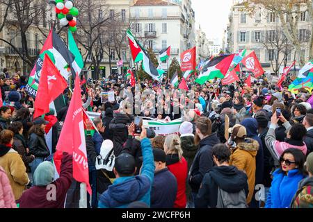 Marseille, Frankreich. Januar 2024. Während des solidaritätsmarsches mit Gaza schwenken Demonstranten palästinensische Flaggen. 2.500 Demonstranten demonstrierten laut Polizei auf den Straßen von Marseille, vom Place d'Aix bis zur Polizeipräfektur, um das palästinensische Volk zu unterstützen. Quelle: SOPA Images Limited/Alamy Live News Stockfoto