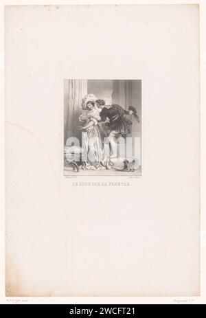 Zwei Lieben an einem offenen Fenster, Alexandre Evariste Fragonard, 1828 Druck der junge Mann versucht, die junge Frau zu überzeugen, mit ihm durch das Fenster zu springen. Pariser Papierliebhaber. Menschliche Figur am (offenen) Fenster, von innen gesehen. Tod suchen, Selbstmord Stockfoto