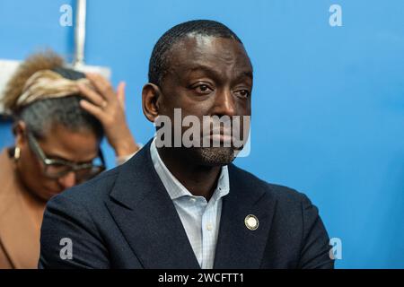 New York, USA. Januar 2024. Yusef Salaam, Mitglied des Stadtrates, einer der entlasteten „Central Park Five“, nimmt am 15. Januar 2024 am MLK Day am NAN Headquarters in New York Teil. Präsident des National Action Network Al Sharpton überlässt gewählte Beamte zum jährlichen Gedenken an Dr. Kings Vermächtnis. (Foto: Lev Radin/SIPA USA) Credit: SIPA USA/Alamy Live News Stockfoto