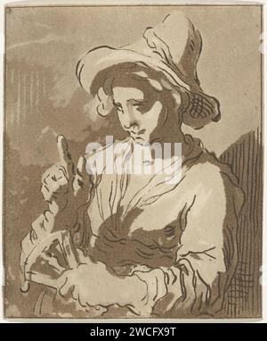 Frau mit Fan, Hermanus Fock, nach Abraham Bloemaert, 1781–1822 drucken Eine Frau mit einem großen Hut und einem Fan in der linken Hand. Sie macht eine Geste mit ihrem rechten Zeigefinger. Druckerei: AmsterdamAfter Zeichnung von: Niederländischer Papierätzer Stockfoto