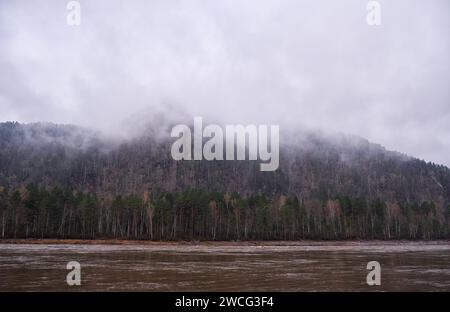 Altai Landschaft mit Morgennebel Wolken über Bergwald und Fluss Katun. Stockfoto