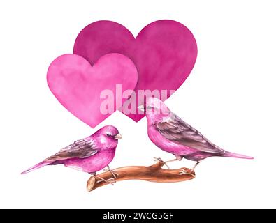 Aquarell Valentinstag mit Vögeln isoliert auf weiß. Gezeichnete Vögel und Herzen für die Gestaltung von Geschenken, Karten, Einladungen usw. Stockfoto