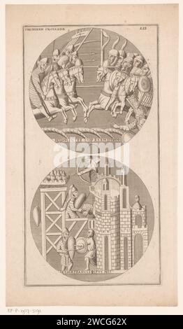 Zwei Szenen aus dem ersten Kreuzzug, Dominique Sornique (zugeschrieben), 1729 - 1733 Druck Paris Papiergravur / Ätzung militante Missionierung: Religiöser Krieg, Kreuzzug, etc. ritter. Mauern  befestigte Stadt Stockfoto