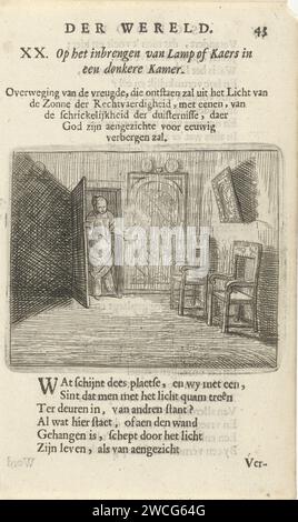 Frau mit Kerze in einem dunklen Raum, Arnold Houbraken, 1682 drucken Eine Frau mit einer Kerze in der Hand öffnet eine Tür zu einer dunklen Abreise. Drucken Sie aus einem Buch, in dem 36 Sätze gedruckt werden. Druck verwendet in: F. van Hoogstraten, The School of the World, 1682. Nordholland Papierätzung / Buchdruckkerze. Dunkelheit Stockfoto