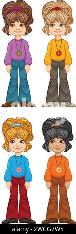 Vier Zeichentrickkinder mit verschiedenen Frisuren und Kleidung. Stock Vektor