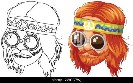 Farbenfroher Hippie mit Bart und runder Sonnenbrille. Stock Vektor