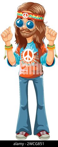 Cartoon Hippie mit Friedenszeichen und farbenfroher Kleidung. Stock Vektor
