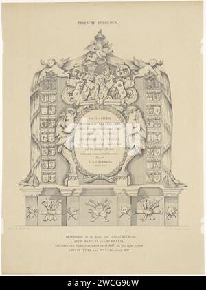 Grabdenkmal von Duco Martena VNA Burmania und seiner Frau Andries van Calfsbeek, nach Albert Martin, 1875 links und rechts vom Grabmal, zwei Halbfiguren mit den Händen vor dem Gesicht. Außerdem wurden zwei Familienwaffen der Familie Burmanien und Juckema verwendet. Drei Putten halten ein Baldachin mit unten, links und rechts, Wappenreihen. Unten an einem Rand, der mit Knochen, Schädeln, Sicheln, Korn und Fackeln verziert ist. Unter dem Bild die Namen und Sterbedaten des Verstorbenen. Druckerei: Niederlande nach Entwurf: Leeuwarden Papiernischengrab, Wandgrab. amor Stockfoto