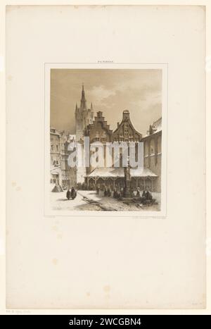 Plein mit Markt und Wasserpumpe, Petrus Gerardus Vertin, 1847 - 1865 Druck auf einem Quadrat und stehend an einer Wasserpumpe. Dahinter verdeckte Marktstände für zwei Gebäude mit Uhr und Stufengiebel. Hinter einem Kirchturm. Der Haager Papierdorf Platz. Utilitarian, öffentliche Pumpe oder Wasserbrunnen. Markt Stockfoto