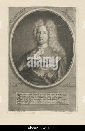 Porträt von Cornelis Sweerts, Jacob Houbraken, nach Adriaen Foly, 1725 Druck Porträt des Dichters Cornelis Sweerts. Amsterdamer Papierätzung/Gravur Stockfoto