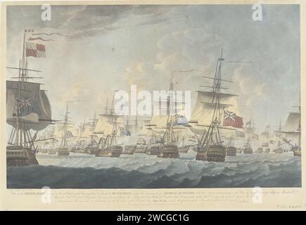 Schlacht von Kamperduin (1797): Angriff der britischen Flotte Robert Dodd, 1798 Drucken die Seeschlacht bei Kamperduin am 11. Oktober 1797 zwischen der Batavier-Flotte unter dem Kommando des Vizeadmiral Jan Willem de Winter und einer britischen Flotte unter Admiraal Adam Duncan. Zum Zeitpunkt des Angriffs der britischen Flotte gegen Mittag. Der Ausdruck enthält auch einen Schlüssel. Siehe auch Hängegerät. Druckerei: Englandpublisher: London Paper Radiching Battle (+ Marine Force). Schlacht von Camperdown Stockfoto