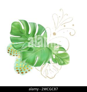 Bouquet aus tropischen Monsterablättern und Golddekor. Hochzeitseinladungsdesign, Luxus. Stockfoto
