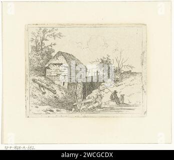 Landschaft mit Wassermühle und Mann mit Hund, Albertus Brondgeest, 1796 - 1849 Druck niederländisches Papier. Ätzwassermühle in der Landschaft. Wassermühle Stockfoto