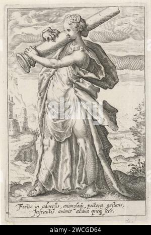 Kracht (Fortitudo), anonym, nach Jacob Matham, nach Hendrick Goltzius, 1601–1652 drucken die personalisierte Kraft; Eine weibliche Figur mit einer Säule über der rechten Schulter. Eine hügelige Landschaft im Hintergrund. Amsterdamer Papierstich Fortitude, Fortitudo, eine der vier Kardinaltugenden Stockfoto