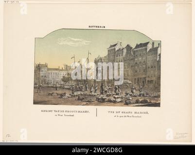 Grote Markt in Rotterdam, Frederik Lodewijk Huygens, 1812 - 1887 Druck in der Mitte die Statue eines lesenden Erasmus. Gemüse wird auf dem Platz verkauft. Niederlande Papier Stadt-Ansicht und Landschaft mit künstlichen Bauten (+ Stadt(-Landschaft) mit Figuren, Personal). Markt Rotterdam Stockfoto