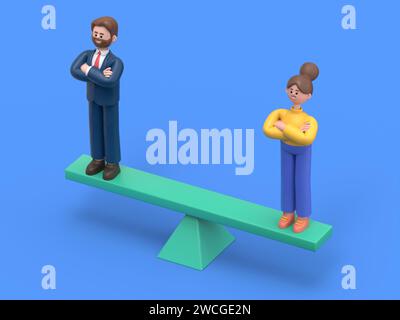 Isometrische Gleichstellung der Geschlechter ein Mann und eine Frau auf der Skala Konzept. Gleichheit zwischen Mann und Frau. 3D-Rendering auf blauem Hintergrund. Stockfoto