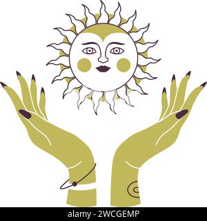 Mystische Sonne zwischen Frauenhänden, spirituelle Energie Stock Vektor