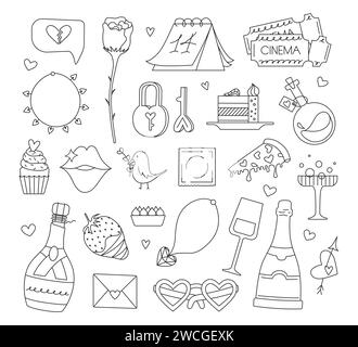 Happy Valentinstag Vektor Illustration in Doodle-Stil. Set mit niedlichen handgezeichneten Elementen über die Liebe. Stock Vektor