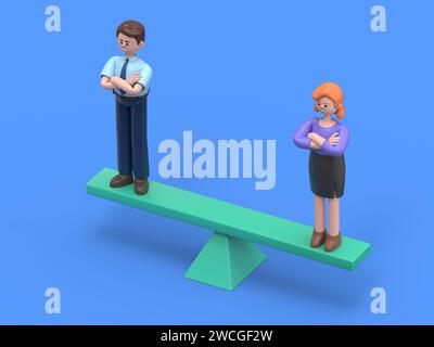 Isometrische Gleichstellung der Geschlechter ein Mann und eine Frau auf der Skala Konzept. Gleichheit zwischen Mann und Frau. 3D-Rendering auf blauem Hintergrund. Stockfoto