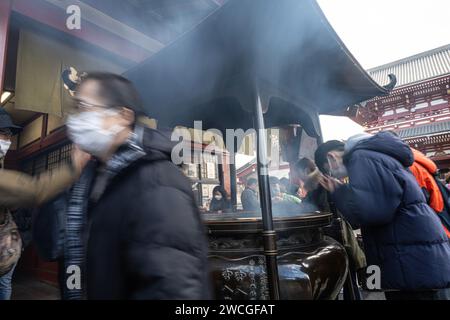 Tokio, Japan. Januar 2024. Treu am Räucherofen vor dem Sensō-JI-Tempel im Stadtzentrum. Stockfoto