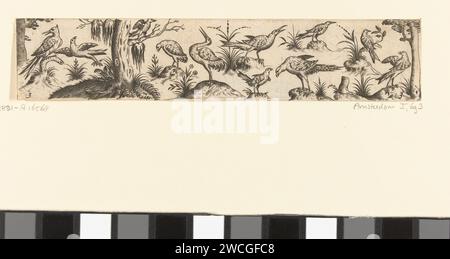 Friese mit elf Vögeln, an beiden Enden des Friesischen ist ein Baum, Hans Liefrinck (II) (möglich), nach Hans Collaert (I), 1631 Druck in der Mitte ist ein Storch mit seinem Schnabel nach oben gerichtet. Links ist ein dritter Baum mit einem Vogel auf einem seiner Zweige. Blatt 3 aus Serie von 12 nummerierten Blättern. Niederlande (möglicherweise) Papierstich Vögel Stockfoto