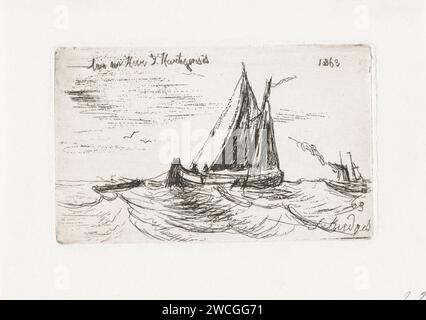 Segelschiff auf See, Petrus Paulus Schiedges (I), 1863 Print Ein Segelschiff zieht eine Schaluppe und segelt nach rechts. Ein Dampfboot rechts im Hintergrund. Das Haager Papier ätzt Segelschiff, Segelboot Stockfoto