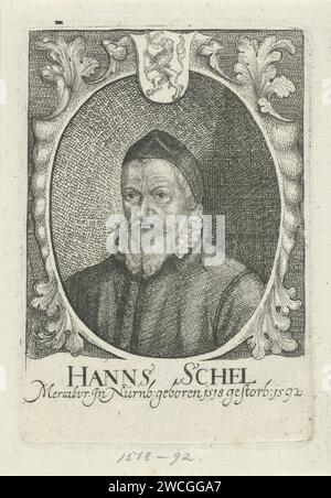 Porträt van Hans Schel, Johann Friedrich Leonard, 1643–1680 Druck Porträt von Hans Schel, Kaufmann in Nürnberg. Papiergravur Stockfoto