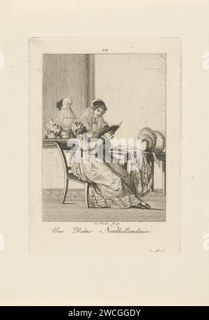 Lesende Frau in traditioneller Tracht aus Noord-Holland, Karel Christiaan Fuchs, nach Pieter van der Meulen, nach Hendrik Greeven, 1802–1855 Eine reich gekleidete Nordholland Dame in ihrem Innenzimmer drucken. Unter dem Bild eine Textregel auf Französisch. Druckmacher: Unbekannt Druck von: Unbekannt nach Zeichnung von: Unbekannt Amsterdamer Papierätzung Volkstracht, regionale Tracht Stockfoto