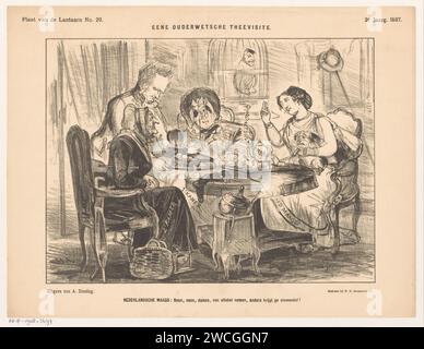 Cartoon über die Verfassungsänderungen 1887, Jan Holswilder, 1887 Druck der Senat und das Unterhaus sitzen in Form von zwei Frauen am Tisch mit der niederländischen Jungfrau, einer jungen Frau mit einem Hund auf dem Schoß. Sie trinken Tee. Die niederländische Jungfrau ermutigt die beiden Damen, beide Kekse zu nehmen, die der Angestellte anbietet. Auf den Trommeln finden sich Hinweise auf die Artikel der Verfassung. Dieser Druck wurde von der Laterne veröffentlicht. Druckerei: Netherlandsprinter: Der Haguepublisher: Die Haager Papier politische Karikaturen und Satiren. Nachmittagstee Stockfoto