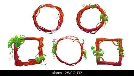 Dschungelliana kriechende Reben mit Blättern und Blüten in rechteckigen und kreisförmigen Rahmen für Spiel-ui-Design. Cartoon-Vektor-Satz von Grenzen aus Regenwald-Pflanzenzweigen mit tropischem Grün. Stock Vektor