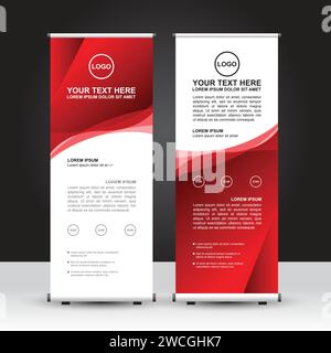Rot-weiße Vorlage für Roll-Up-Banner, Standbannerdesign, Werbung, Flyer und Display. Vektorkonstruktion. Stock Vektor