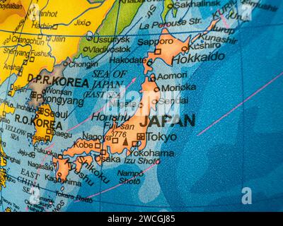 Japan auf Weltkarte Nahaufnahme Makro Stockfoto