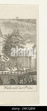 Empfang von Willem III. In England, 1688, Simon Fokke, 1722–1784 Druck Wilhelm III., Prinz von Orange, wird bei seiner Ankunft in England empfangen. Eine sehnliche Menge schaut zu. Drucken Sie in der Mitte mit 77. Amsterdam Papierätzung Saluting Stockfoto