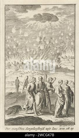 Lot und seine Töchter verlassen das brennende Sodom, Jan Luyken, 1727 - 1729 Druck Amsterdamer Papier zur Zerstörung von Sodom und Gomorra: Lot und seine Familie flüchten nach Zoar und tragen ihre Habseligkeiten; ein Engel könnte den Weg zeigen (1. Mose 19,24-29) Stockfoto