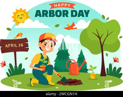 Happy Arbor Day Vektor-Illustration mit dem Pflanzen eines Baumes, einer Pflanze, Gartenwerkzeugen und einer Natur-Umgebung im flachen Kinder-Karikaturhintergrund Stock Vektor