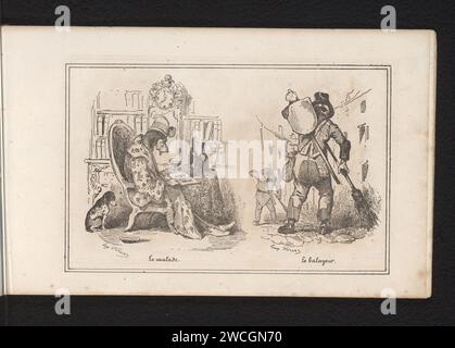 Kranker Hund in einem Stuhl und zwei Straßenkehrer, Eugène Hippolyte Forest, 1834 Print Leaf mit zwei separaten Aufführungen. Dieser Ausdruck ist Teil eines Albums. Paris Papierhund. Patient, kranker Mensch. Tiere, die als Menschen wirken. Straßenfeger, Straßenfeger Stockfoto
