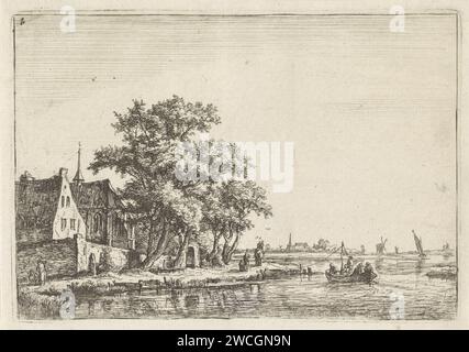 Church on the Water, Anthonie Waterloo, 1630 - 1717 links steht ein Haus neben einer Kirche hinter einer Mauer. Rechts sehen Sie einen Fluss mit einem bemannten Lastkahn, der von einem Pferd gezogen wird. Es gibt auch einige Segelschiffe. In der Ferne eine Kirche auf der linken und eine Mühle auf der rechten Seite. Oben links der Buchstabe B. Amsterdam (möglicherweise) Papier, das Landschaften mit Wasser, Wasserlandschaften, Meereslandschaften (in der gemäßigten Zone) graviert. Boot, das von Mensch oder Tier angetrieben wird. Segelschiff, Segelboot. Kirche (außen) - QQ - kleine Kirche, Kapelle Stockfoto