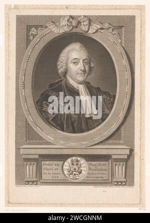 Portret van Jean-Charles-Pierre Lenoir, Justus Chevillet, nach Jean-Baptiste Greuze, 1778 Druck Frankreich Papierstich / Radierung historischer Personen. Ornament  Medaillon. Waffenlager, Heraldik Stockfoto