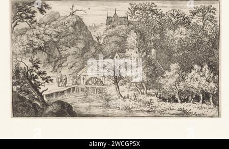 Wassermühle am Fuße eines Berges, Allaert van Everdingen, 1631 - 1675 Print Landschaft mit Blick auf drei Personen in einer Wassermühle. Hinter den Bergen sind einige Dächer zu sehen. Niederlande Papierätzung Wassermühle in der Landschaft Stockfoto