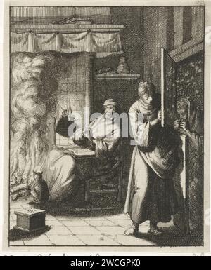 Frau öffnet die Tür für eine Figur draußen in einer Schneeschauer, Jan Luyken, 1687 Druck Amsterdam Papier ätzt Schnee. Öffnen der Tür. Offener Herd, Kamin Stockfoto